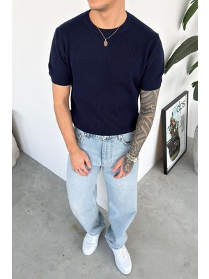 HAFKA Lacivert Basic Bisiklet Yaka Triko Relaxed Tişört