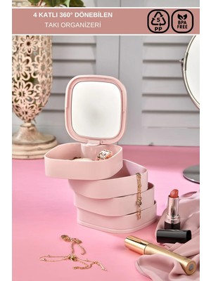 Mikasso 4 Katlı 360° Kare Aynalı Takı Organizeri - Takı Organizeri Plastik Pembe