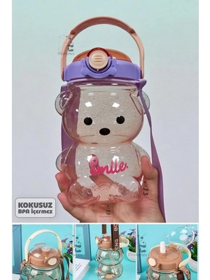 Mikasso Şeffaf Smile Ayıcık Su Matara Purple 1000ML Askılı Çocuk Su Şişesi Pipetli Sızdırmaz Kokusuz Suluk Ç