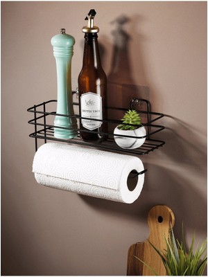 Mikasso Siyah Yapışkanlı Raflı Kağıt Rulo Havluluk & Peçetelik, Mutfak, Banyo Düzenleyici (Yapıştır/vidala)