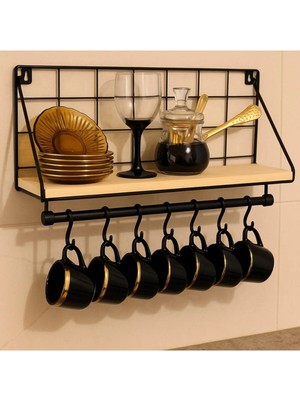 Mikasso Duvara Monte Metal Kupa Askılığı Raflı – Mutfak Organizeri Bardak ve Tabak Düzenleyici Raf Metal Siy