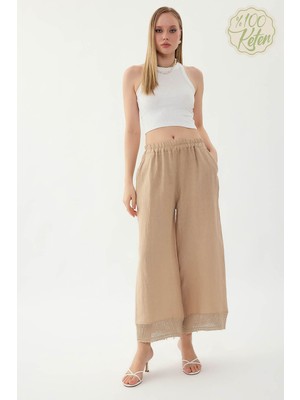 Vitrin %100 Keten Beli Lastikli Paçası Fileli Pantolon