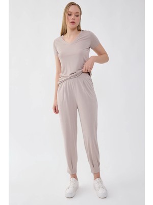 Vitrin Beli Lastikli Paçası Pileli Havuç Rahat Pantolon