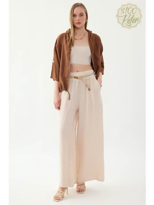 Vitrin %100 Keten Halat Kemerli Geniş Paça Pantolon