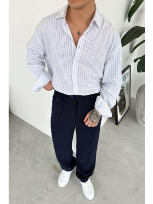 HAFKA Beyaz Çizgili Oversize Keten Gömlek