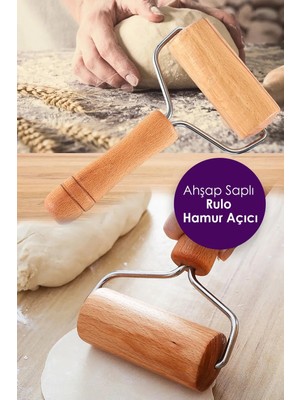 Mikasso Ahşap Saplı Rulo Hamur Açıcı Merdane Pürüzsüz Oklava Pizza Börek Açma Silindir Ahşap