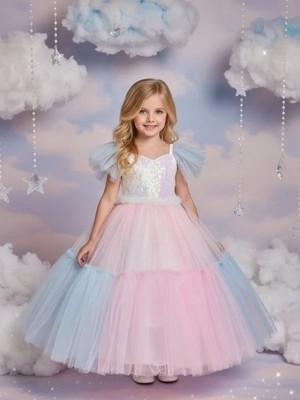 Zekids Kız Çocuk Önü Pullu Kolları Tül Detaylı Renkli Tarlatanlı Abiye Elbise