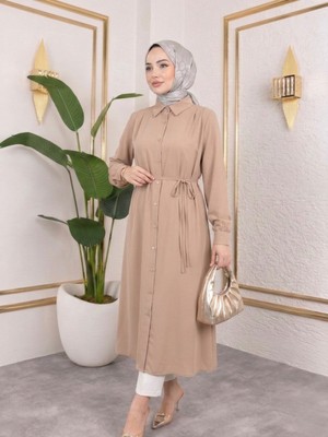 Foremia Arka Roba Omuz Pile Uzun Tunik-Pudra -