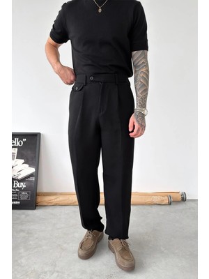 HAFKA Siyah Pileli Baggy Tasarım Kumaş Pantolon