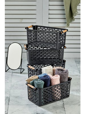 Mikasso 4 Adet - Çok Amaçlı Plastik Tutacaklı Organizer Sepet Dolap Içi Çekmece Düzenleyici Siyah Plastik Si