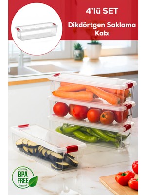 Mikasso 456-4 4lü Kilitli Kapaklı Yiyecek Erzak Saklama Kabı Seti - Buzdolabı Düzenleyici Organizeri 3,4lt P