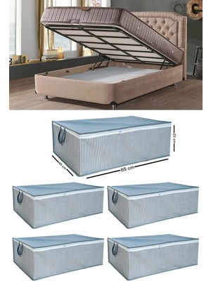 Mikasso 5 Adet Çizgili Baza Tipi Hurc - Baza Altı Büyük Boy Saklama Hurcu 65 x 45 x 22 cm EKİCİHOME0008-5 Po