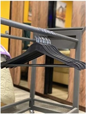 Mikasso 10 Adet Ahşap Görünümlü Plastik A Kalite 10 Adet Siyah Elbise Askı Pantolon Gömlek Askı Plastik Siya