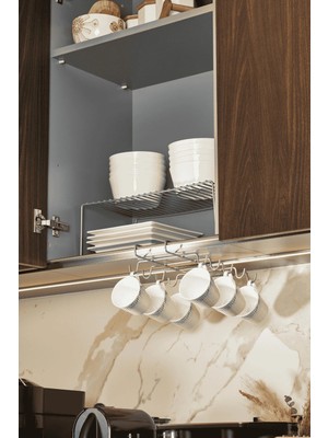 Mikasso Gümüş 10'lu Dolap ve Raf Altı Portatif Bardak Askılığı, Kupa, Fincan Düzenleyici - Metal Paslanmaz M