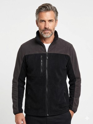 Venditore Erkek Füme Siyah Üç Cepli Rüzgar Geçirmez Tam Fermuarlı Polar Mont Ceket