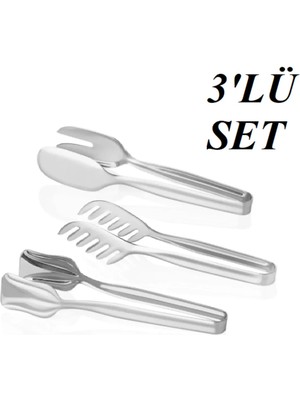 Mikasso 3 ' Lü Paslanmaz Çelik Servis Maşa Seti Paslanmaz Çelik Gri