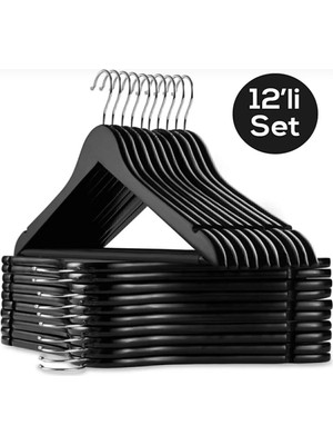 Mikasso 12 Adet - Ahşap Görünümlü Plastik A Kalite Siyah Elbise Askı Plastik Siyah