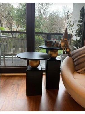 Eks Oblix Siyah-Gold Ikili Takım Yan Sehpa Zigon Lake Mobilya 55 - 60 cm Yükseklik 45 cm Üst Tabla