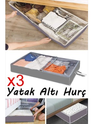 Mikasso 3 Adet - Yatak Altı Baza Hurcu Fermuarlı Saklama Çantası Gri 80X20X50CM Nefes Alabilen Kumaş Gri Um