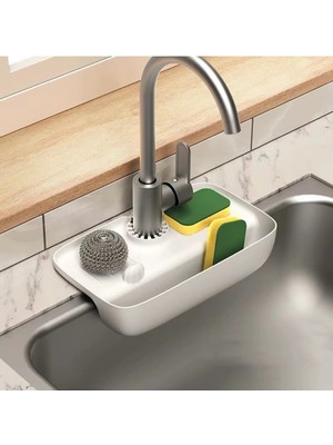 Mikasso Musluk Düzenleyici Evyelik | Mutfak Lavabo Tezgah Üzeri Bölmeli Organizer Silikon Beyaz