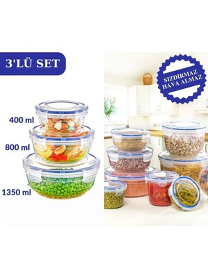 Mikasso Contalı Sızdırmaz Hava Almaz Yuvarlak Saklama Kabı 3’lü Set (400ML,800ML,1350ML) Plastik Turuncu