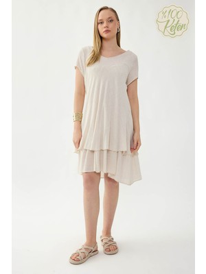 Vitrin %100 Keten V Yaka Kısa Kol Elbise