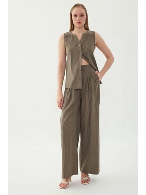 Vitrin Beli Lastikli Önü Pileli Geniş Paça Pantolon