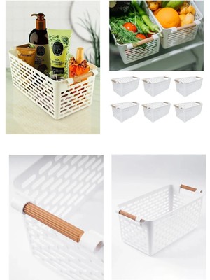 Mikasso 4 Adet Ahşap Renk Plastik Saplı Organizer Sepet Düzenleyici (Beyaz) Plastik Beyaz 30 x 30