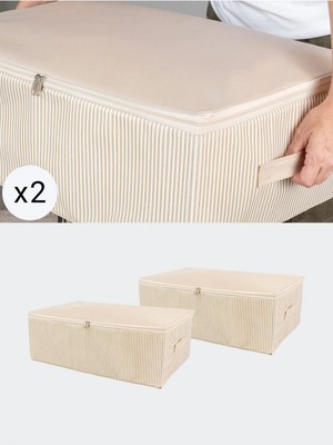 Mikasso 2 Adet Büyük Boy Krem Çizgi Desenli Baza Altı Düzenleyici Hurç Seti 60X40X20 cm Polipropilen 60 x 20