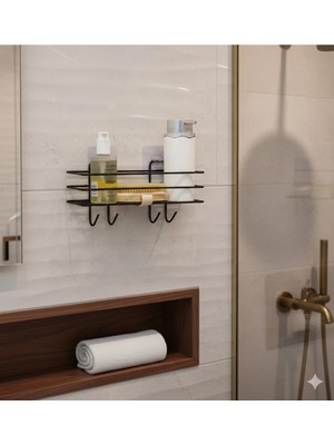 Mikasso Siyah Yapışkanlı 4 Kancalı Banyo Rafı Baharatlık Banyo Rafı Şampuanlık Duş Askısı Siyah