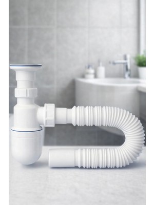 Mikasso Taslı Lavabo Sifonu Gideri Borusu Körüklü Sökülebilir Hazneli Mutfak Banyo Eviye Pis Su Plastik