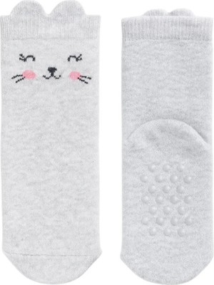 Solde 2'li Aynı Model Kaydırmaz Tabanlı Gri Kedi Desenli Çorap Seti