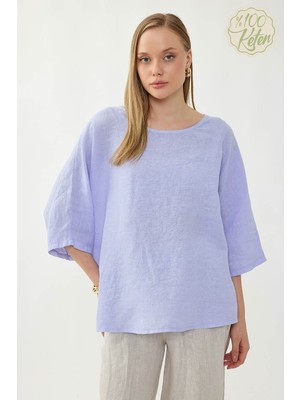 Vitrin %100 Keten Geniş Yaka Oversize Kısa Kol Bluz