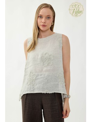 Vitrin %100 Keten Çiçek Motifli Sıfır Kol Bluz