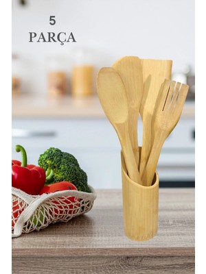 Mikasso Bambu Standlı Kaşık Seti , Ahşap Tezgah Üstü Kaşık Set 5 Parça Bambu Çok Renkli