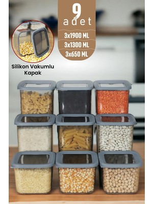 Mikasso Kapaklı Erzak Bakliyat Saklama Kabı Kare Saklama Kutusu Seti 9 Adet 1900-1300-650 ml Plastik Gri