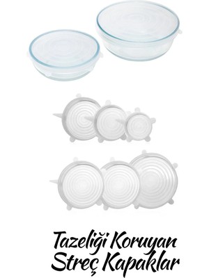 Mikasso Silikon 2 Boy Yuvarlak Borcam Kapağı ve Silikon Streç Kapak 6'lı Tencere Kupa Bardak Bonesi Silikon