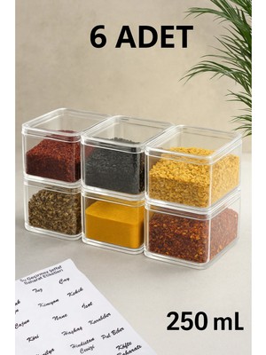 Mikasso 6'lı 250 ml Vakumlu Akrilik Baharatlık Seti Saklama Kabı (30 Adet Şeffaf Etiket Hediyeli) Akrilik
