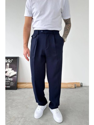 HAFKA Lacivert Pileli Baggy Tasarım Kumaş Pantolon