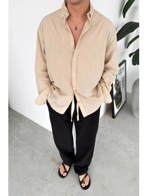 HAFKA Bej Oversize Fresh Keten Gömlek