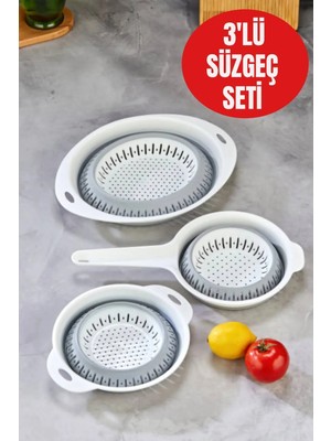Mikasso 3’lü Katlanabilir Süzgeç Seti – Saplı, Yuvarlak ve Derin Modeller • Bpa Free • Kolay Temizlik Plasti