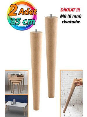 Mikasso 2 Adet Ahşap Ayak 35 cm Masa Zigon Sehpa Tv Ünitesi Puf Tabure Ayağı Ayakları Konik M8 Civatalı Bej