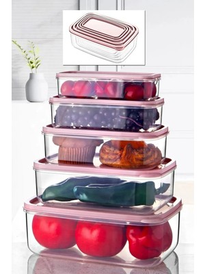 Mikasso 5 Adet Lüx Erzak Saklama Kutusu Difrize ve Mikrodalgaya Girebilen Dikdörtgen Gıda Kabı Pembe Plastik