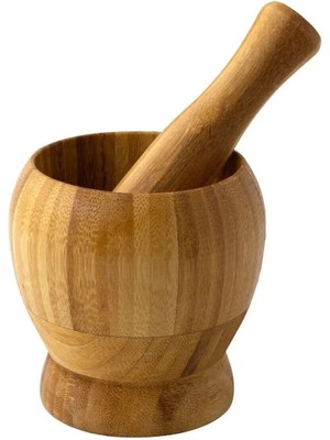 Mikasso Doğal Bambu Ahşap Havan Seti M Boy Sarımsak Ezici Bitki Baharat Havanı Bambu