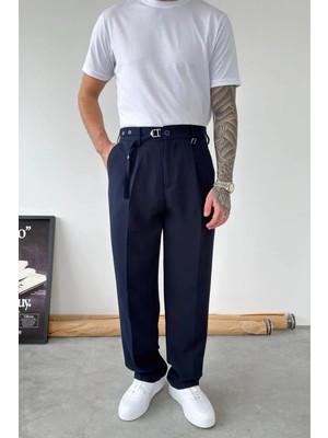 HAFKA Lacivert Pile Detay Kemerli Baggy Kumaş Pantolon