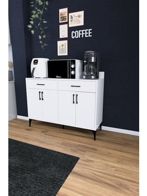 Dekorfim DF14103 Kahve Köşesi Dolabı Çok Amaçlı Mutfak Konsolu Çekmeceli Kapaklı Mutfak Dolabı Coffee Bar Dolabı Beyaz