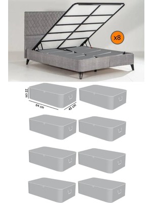 Mikasso 8 Adet Lüx Gri -Çekyat Baza Tipi Hurc - Baza Altı Büyük Boy Saklama Hurcu 65 x 45 x 22 cm Polipropil