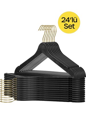 Mikasso 24 Adet - Ahşap Görünümlü Plastik A Kalite Siyah Elbise Askı Gold Kanca Plastik Siyah