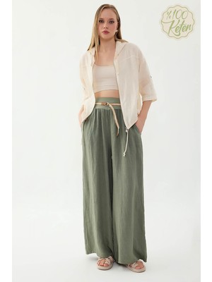 Vitrin %100 Keten Halat Kemerli Geniş Paça Pantolon