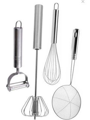 Mikasso Lüks Metal Yağ Kevgiri Bas Çek Çırpıcı Julyen Sebze Soyacağı Tel Çırpıcı Set Paslanmaz Çelik Gri